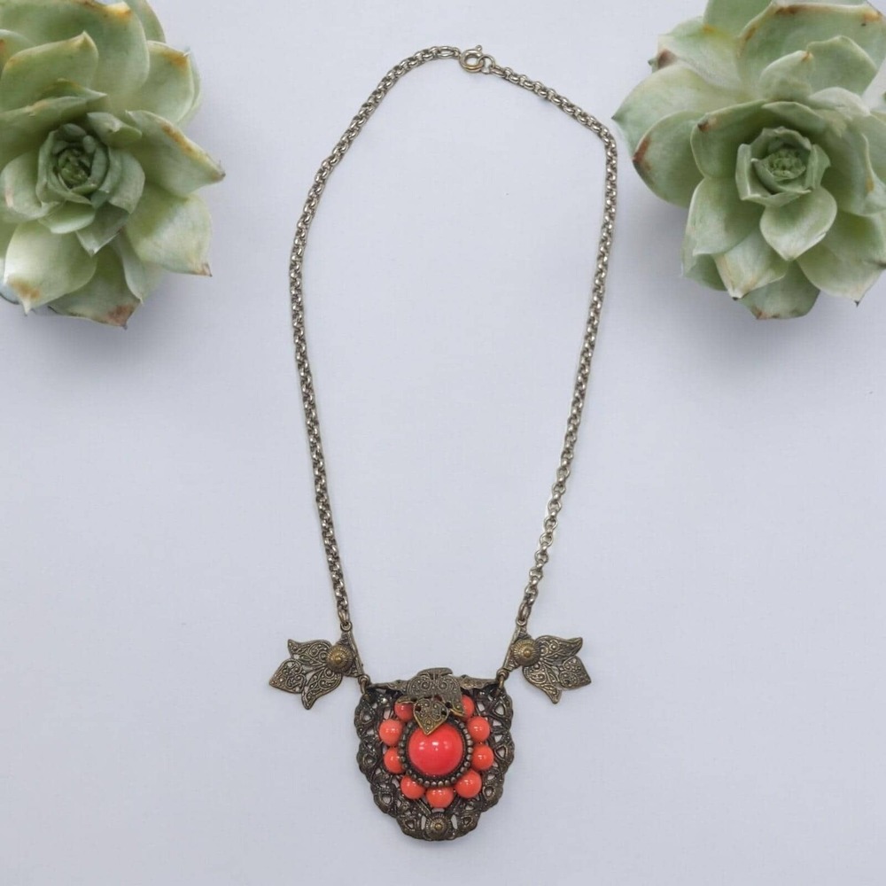 Vintage Victorian Revival Necklace Brass Faux Coral Czech Art Nouveau 17in